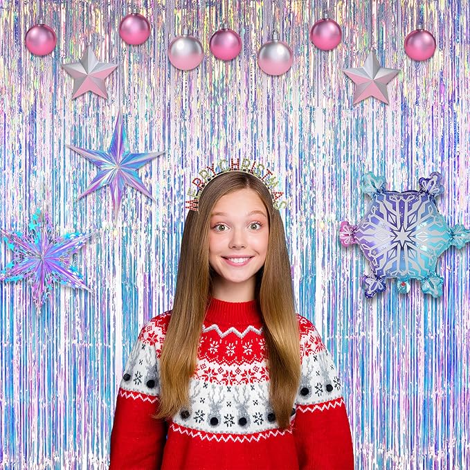 Iridescent Party Streamers Backdrop - GREATRIL Neon Transparent Holographic Tinsel Foil Fringe Curtain for Mermaid/Frozen/Sea/Euphoria/ERAS Party Theme Decorations 3.2ft x 6.5ft 2 PCS