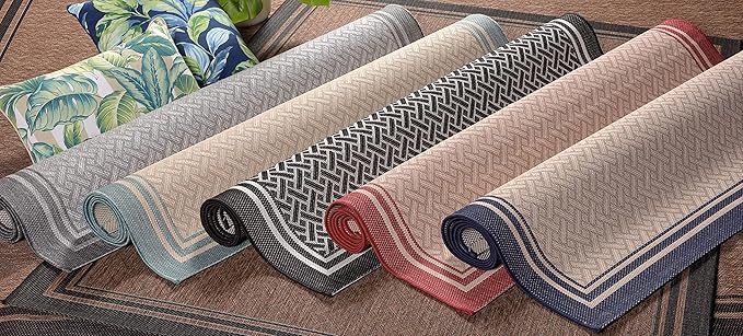 Gertmenian Indoor/Outdoor Flatweave Area Rug - 8x10 Large, Stain & UV Resistant, Ideal For Deck, Patio, Poolside, Mudroom - Simple Border, Black, 21359