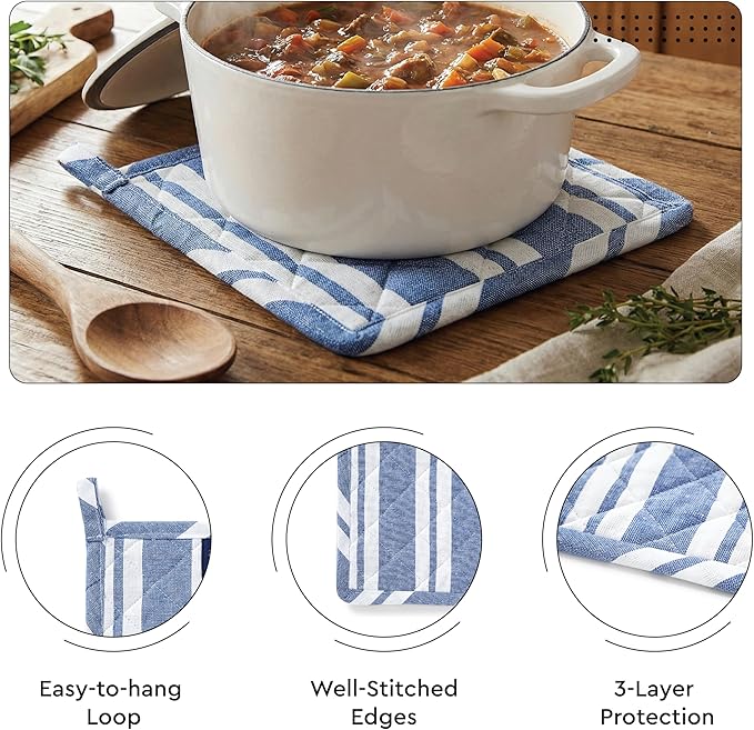 Encasa XO Heat Resistant 100% Cotton Oven Glove & Potholder Set with Loop, Kitchen Cooking Mittens, Microwave Safe Hot Pads (Franca Blue Stripes)