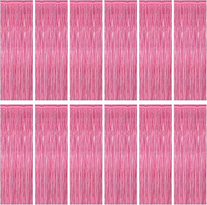 ZATAYE 12 Pack Pink Backdrop, 3.28 FT x 7.05 FT Foil Fringe Curtains, Metallic Pink Tinsel Curtain Party Streamer Birthday Backdrop for Girl, Valentines Day Decorations Bachelorette Party Supplies