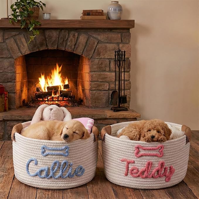Custom Dog Toy Basket, Personalized Cotton Rope Basket With Pet Name, Puppy Toys Storage Gifts Pet Dog Decor Organizer (Dog Toy Basket)
