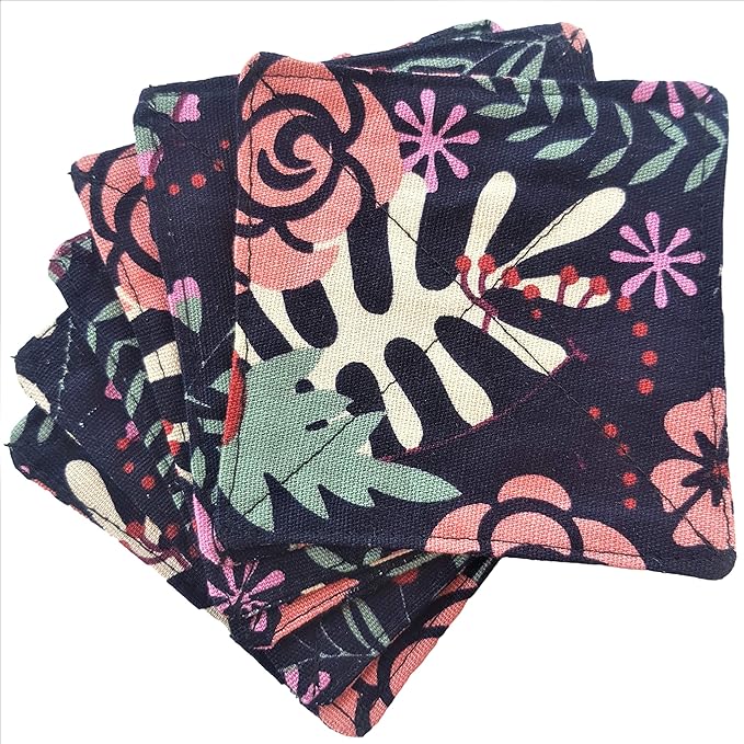 CUSHYSTORE Canvas 2 Layers Coasters Saucers Absorbant Mat Pad Floral Botanical Style Fabric for Glass Cup Drinking 4inche, 6 Pack (Navy Exotic Flowers), Navy Blue