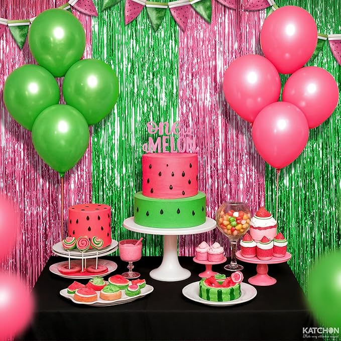 KatchOn, XtraLarge Green and Pink Fringe Backdrop, Pack of 2 - Streamer Backdrop for Flamingo, One in A Melon Party Decorations | Pink and Green Party Decorations | Princess Birthday Decorations