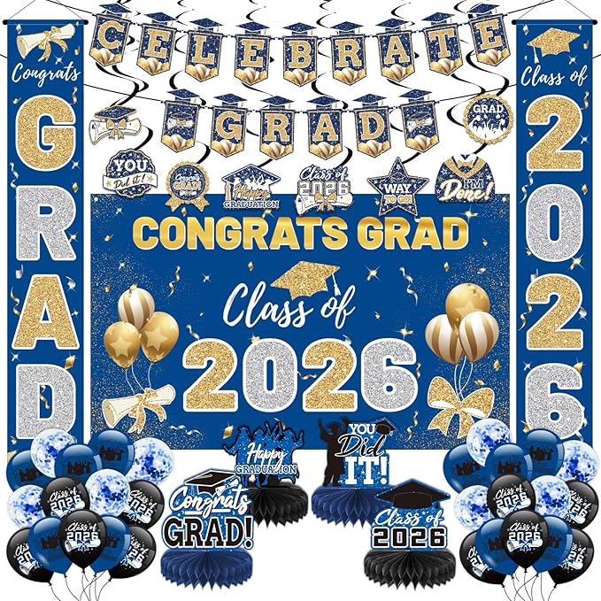 Blue 2026 Graduation Party Decor Kit-Includes Backdrop, Banner, Balloons, Hanging Ornaments & Honeycomb Decorations for Class of 2026 -Full Set for High School and University Graduation Events