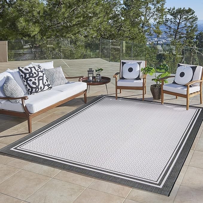 Gertmenian Indoor/Outdoor Flatweave Area Rug - 8x10 Large, Stain & UV Resistant, Ideal For Deck, Patio, Poolside, Mudroom - Border, White & Black, 23018