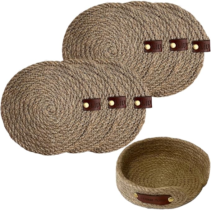Handmade Jute Coaster Set with Basket – Natural 6-Piece Drink Coasters for Rustic Home Decor