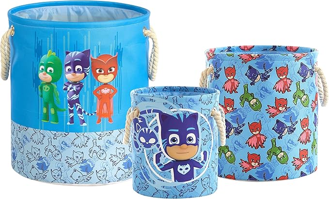 PJ Mask 3 Piece Multi Size Fabric Nestable Toy Storage Basket Set, with Rope Carry Handles