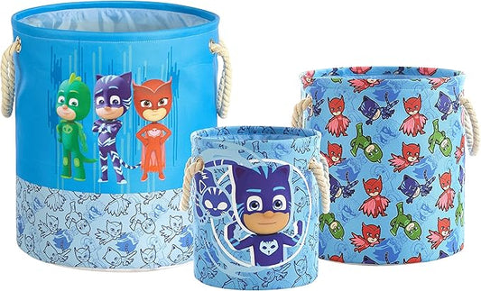 PJ Mask 3 Piece Multi Size Fabric Nestable Toy Storage Basket Set, with Rope Carry Handles