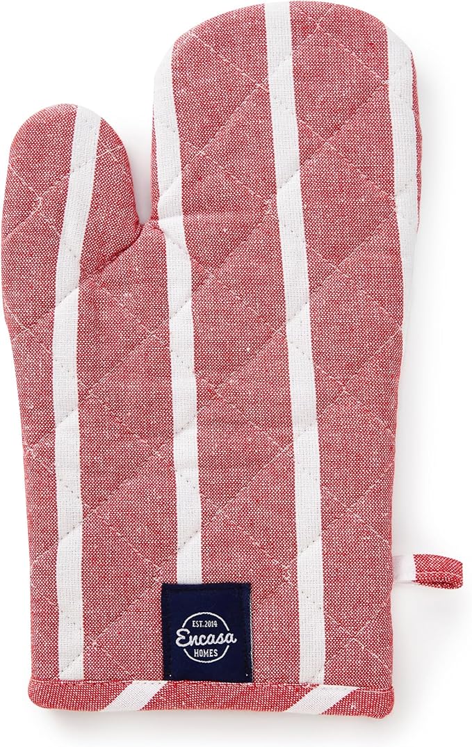 Encasa XO Long 12"x7" Oven Microwave Hand Gloves Mitts (2 pc Set) for Kitchen Cooking & Baking - Heat Resistant, Thick & Safe, Protection of Hands from Hot Utensils - Roma Red Stripes