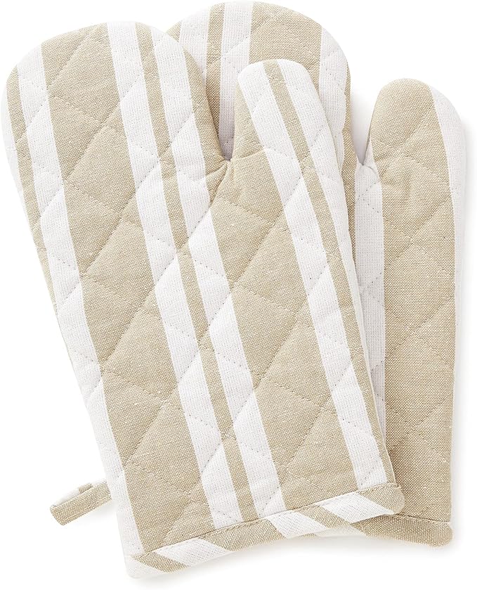 Encasa XO Long 12"x7" Oven Microwave Hand Gloves Mitts (2 pc Set) for Kitchen Cooking & Baking - Heat Resistant, Thick & Safe, Protection of Hands from Hot Utensils - Franca Beige Stripes