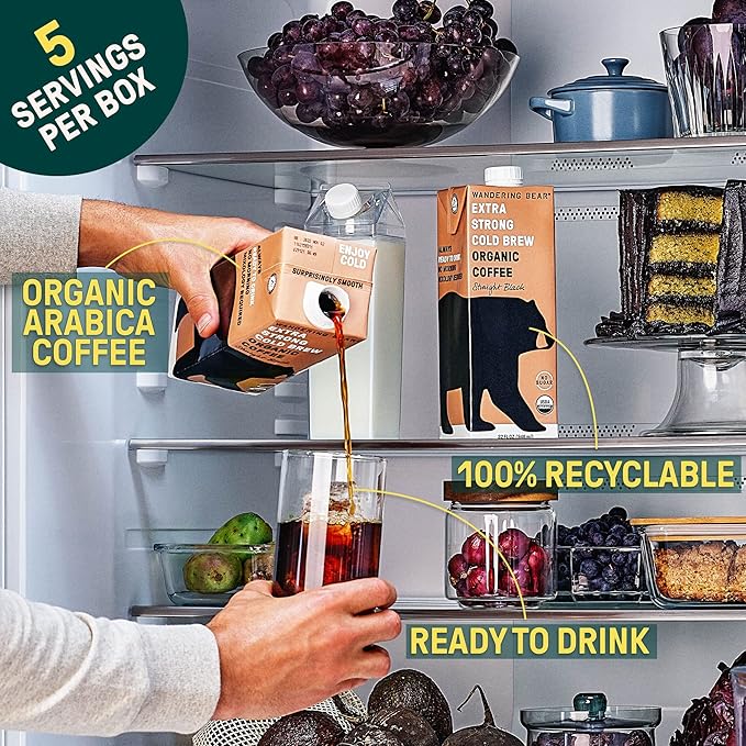 Wandering Bear Extra Strong Organic Cold Brew Coffee, Straight Black, 32 fl oz, 1 pack - Smooth, Organic, Unsweetened, Shelf-Stable, and Ready to Drink & Vegan Cold Brew.