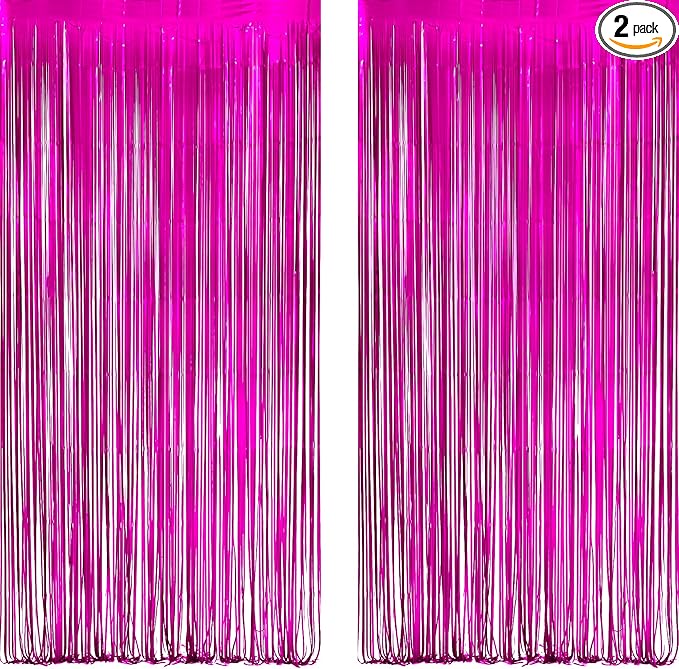 Hot Pink Party Streamers Backdrop - GREATRIL Shiny Fuchsia Tinsel Foil Fringe Curtain for Birthday/Flamingo/Fancy/Galentine/Breast Cancer Awareness Decorations - 3.2ft X 8.2ft - 2 Packs