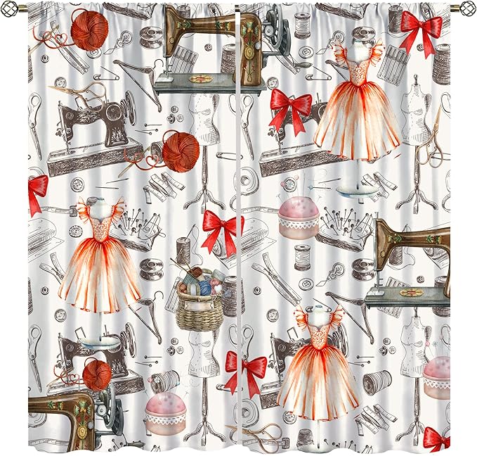 Sewing Machine Blackout Curtain,Vintage Retro Dress Bowknot Pattern Girls Women Window Curtains Dining Room Living Room Kitchen Cafe Bedroom Office Drapes,42x63 in