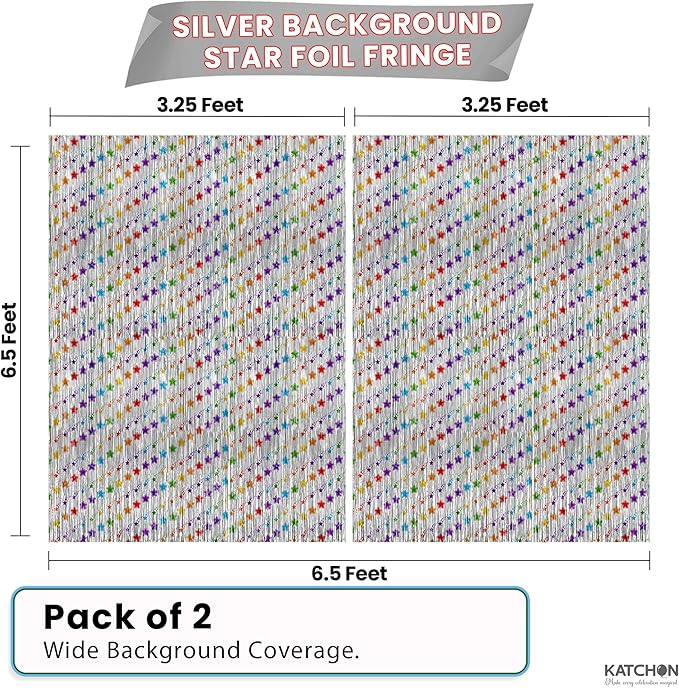 KatchOn, Star Silver Foil Fringe Curtains – Pack of 2 | Silver Fringe Backdrop for Birthday, Labor Day Decorations, Graduation Decorations 2026 | Star Streamers for Rainbow, Space Party Decoration