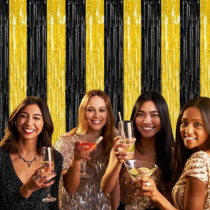 2 Pack Graduation Backdrop, 3.28 FT x 7.05 FT Black and Gold Foil Fringe Curtains, Metallic Foil Curtain Graduation Backdrop, Grad Party Supplies Black and Gold Party Decorations Class of 2026