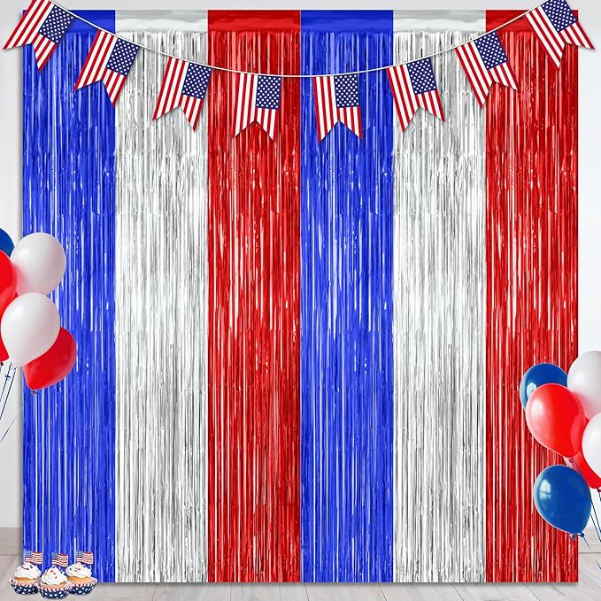 2 Pack 4th of July Decorations, 3.28 FT x 7.05 FT 250 Anniversary Tinsel Backdrop, Red Silver Blue Fringe Curtains Streamer Backdrop, Independence Day Photo Backdrop Party Supplies