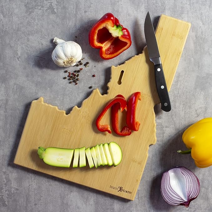 Totally Bamboo Idaho State Shaped Cutting Board and Charcuterie Serving Platter with Artwork by Fish Kiss, Includes Hang Tie for Wall Display
