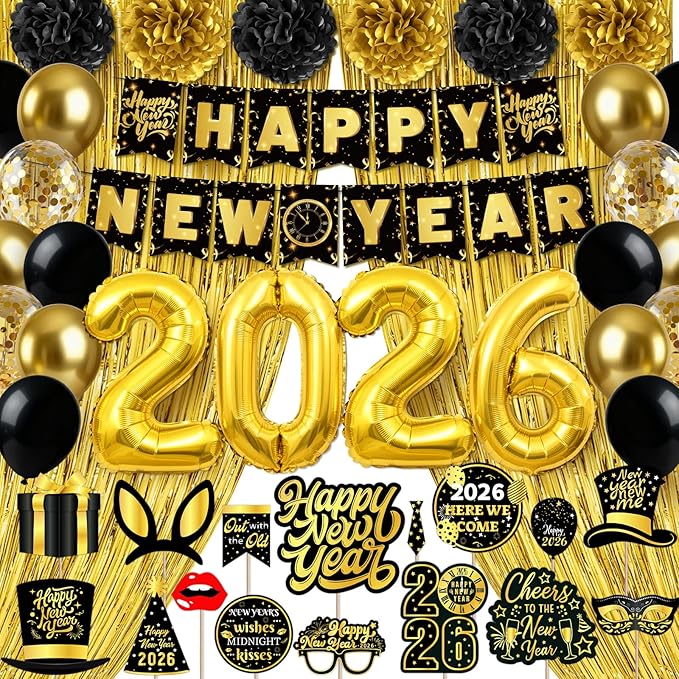 New Year Decorations 2026, Black Gold New Years Eve Party Supplies 2026 with Happy New Year Banner Photo Booth Props Fringe Curtains 32inch 2026 Balloons for Happy New YearS Decorations 2026