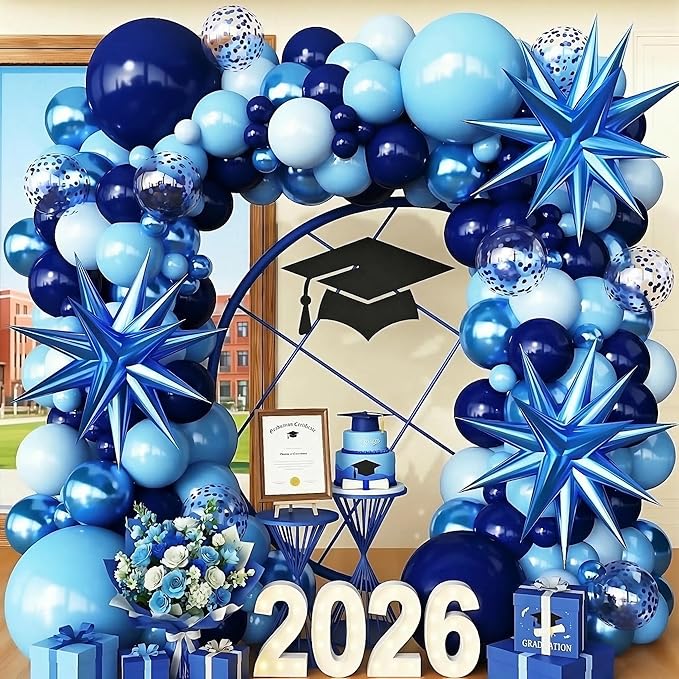 Blue Balloon Arch Kit Garland with Star Balloons for 2026 Graduation Decorations Birthday for Boys Men Father Baby Shower Prom Wedding Under Sea Pool Party Anniversary Decorations