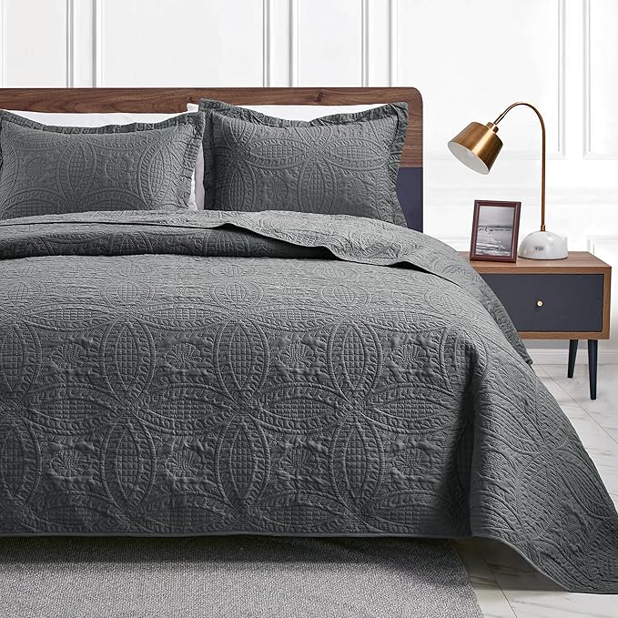 Love's cabin Twin Quilt Set Dark Grey Bedspreads Bedding Set - Soft Bed Lightweight Bedspread Comforter - Modern Style Coin Pattern Coverlet for All Season - 2 Pieces (1 Quilt, 1 Pillow Sham)