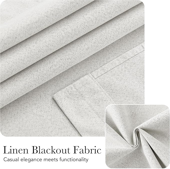 NICETOWN 100% Blackout Linen Door Curtains for Window, Privacy French Door Blinds 64 Inches Long for Kitchen Living Room, Room Darkening Tie Up Shade, 1 Panel, 26W x 64" L, Greyish White