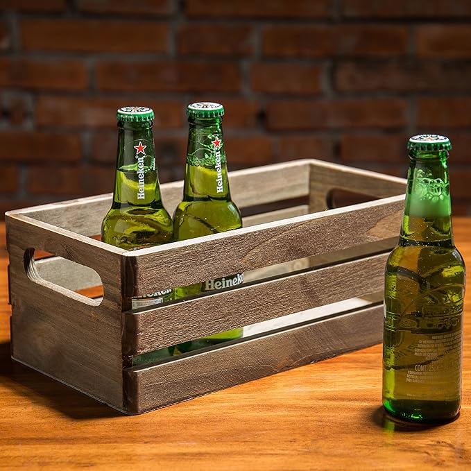MyGift Rustic Brown Wood Decorative Storage Boxes with Cutout Handles - Country Style Nesting Crates, Open Top Pallet Design Bins, Set of 2