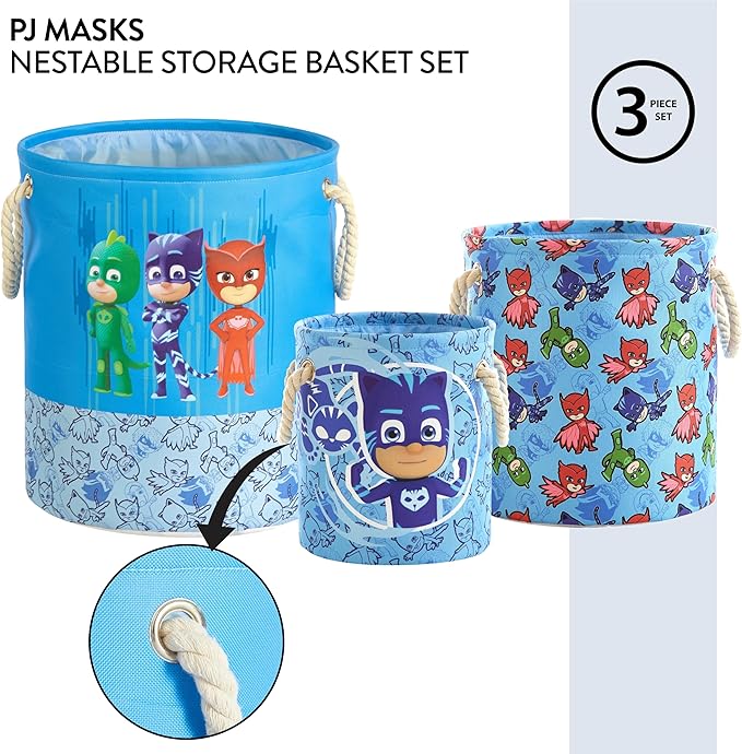 PJ Mask 3 Piece Multi Size Fabric Nestable Toy Storage Basket Set, with Rope Carry Handles