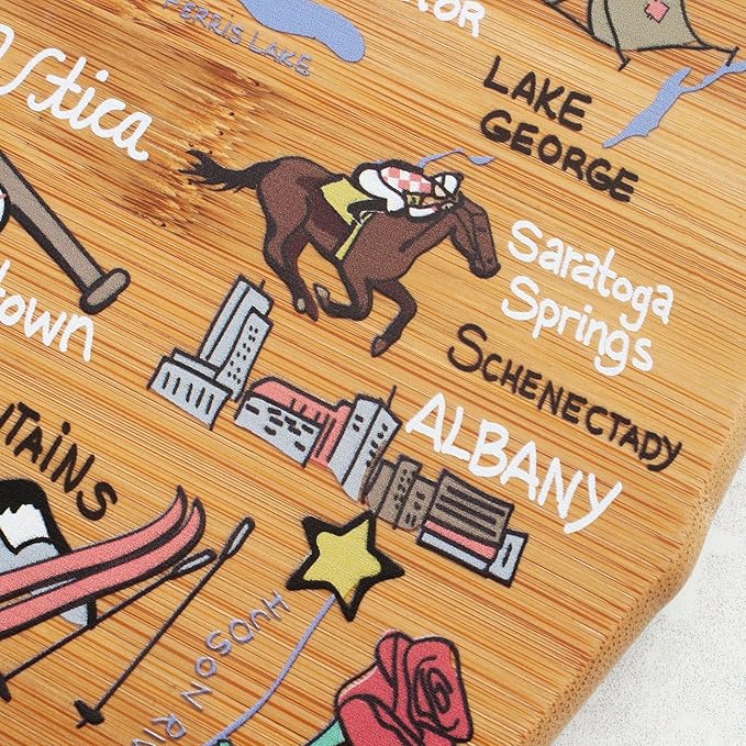 Totally Bamboo New York State Shaped Cutting Board and Charcuterie Serving Platter with Artwork by Fish Kiss, Includes Hang Tie for Wall Display