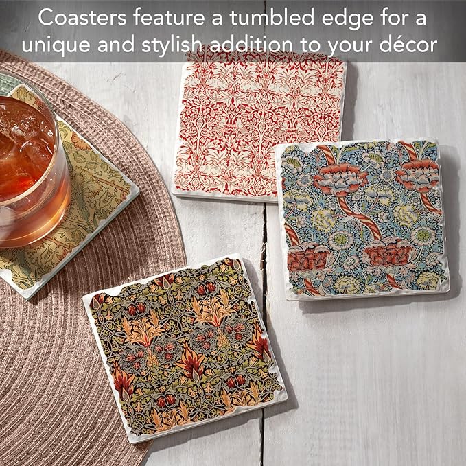 Thirstystone William Morris Textiles 4 Pack Assorted Tumbled Tile Stone Coasters with Protective Cork Backing Manufactured in The USA Absorbent Easily Wipes Clean