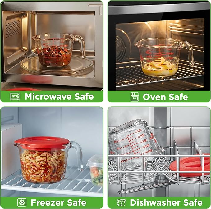 NutriChef 2 Cups Glass Measuring Cup with Lid (19 oz) - Heat-Resistant Borosilicate Liquid Measure Cup with Easy-Read Scale for Cooking, Baking and Food Storage, Dishwasher and Freezer Safe