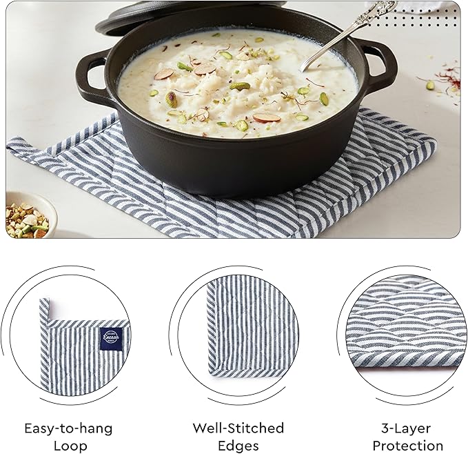 Encasa XO Heat Resistant 100% Cotton Oven Glove & Potholder Set with Loop, Kitchen Cooking Mittens, Microwave Safe Hot Pads (Ticking Navy Blue)