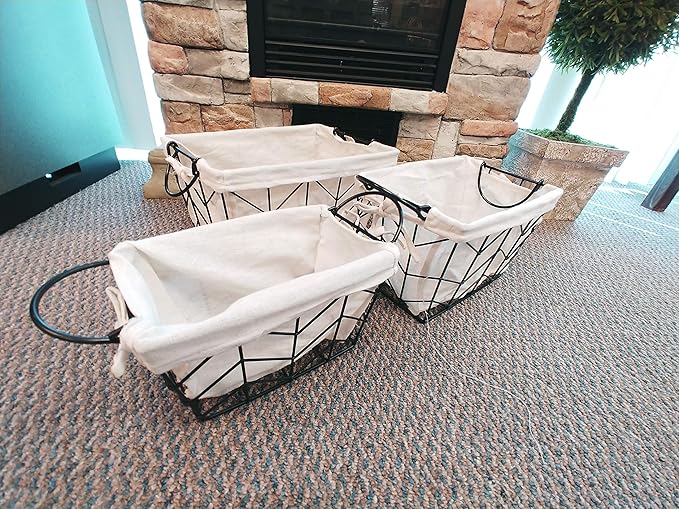 Admired by Nature Metal Wire Storage Basket with Soft Fabric Liners - Set of 3 Sizes Decorative Nesting Basket Crates for Home, Kitchen, Bathroom, Classroom Decor (S, M, L)