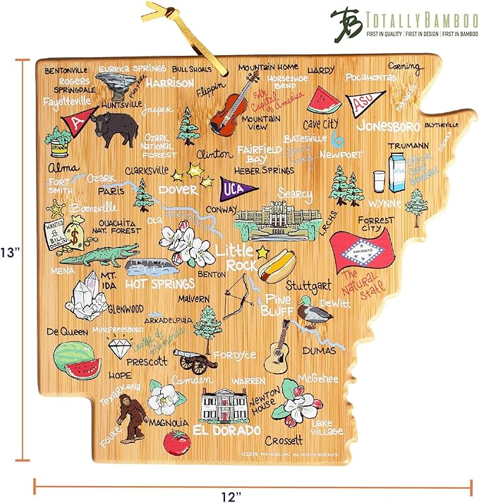 Totally Bamboo Arkansas State Shaped Cutting Board and Charcuterie Serving Platter with Artwork by Fish Kiss, Includes Hang Tie for Wall Display