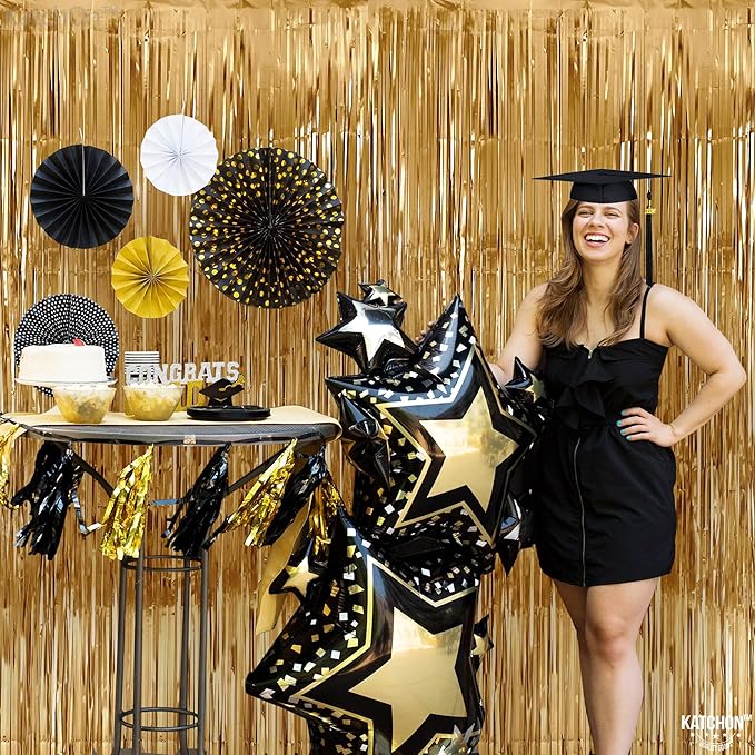 Katchon, Champagne Gold Backdrop Curtain - Pack of 2 | Gold Streamers for Ramadan Decorations for Home, Bridal Shower, Bachelorette Party Decor | Shimmer Curtains for Eid Mubarak Decorations