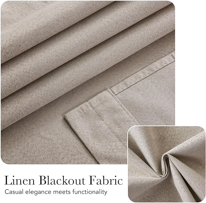 NICETOWN 100% Linen Blackout French Door Curtain for Window, Thermal Insulated Room Darkening Window Covering for Kitchen Office Nursery, Tie Up Shade for Privacy, 1 Panel, 36W x 69L, Taupe