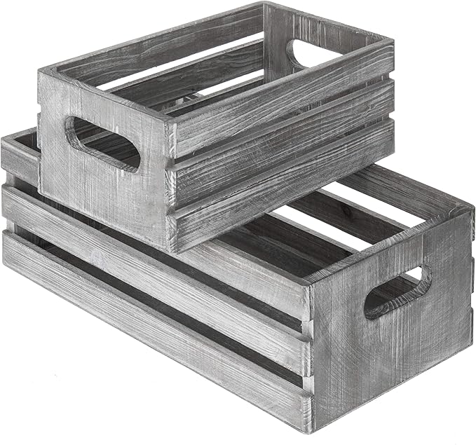 MyGift Rustic Light Gray Solid Wood Decorative Storage Box with Cutout Handles, Country Style Nesting Storage Crate Bin with Open Top Pallet Design, Set of 2