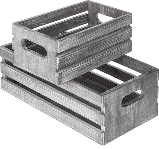 MyGift Rustic Light Gray Solid Wood Decorative Storage Box with Cutout Handles, Country Style Nesting Storage Crate Bin with Open Top Pallet Design, Set of 2