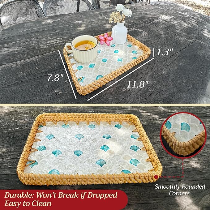 Rattan Rectangle Tray with Mother of Pearl Inlay – Unique Decorative Rattan Serving Tray for Coffee Table, Bathroom Vanity, Perfume & Nightstand – Ideals for Housewarming (Fin 11.8")