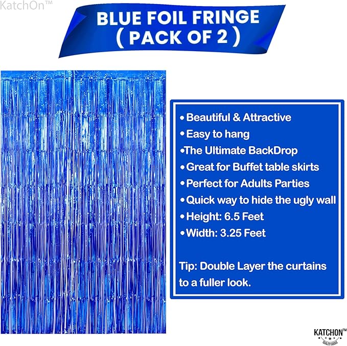 KatchOn, Metallic Blue Backdrop Curtain - Pack of 2 | Blue Streamers for Royal Blue Party Decorations | Foil Fringe Streamers for Under The Sea Party Decorations, Mermaid Bachelorette Decorations