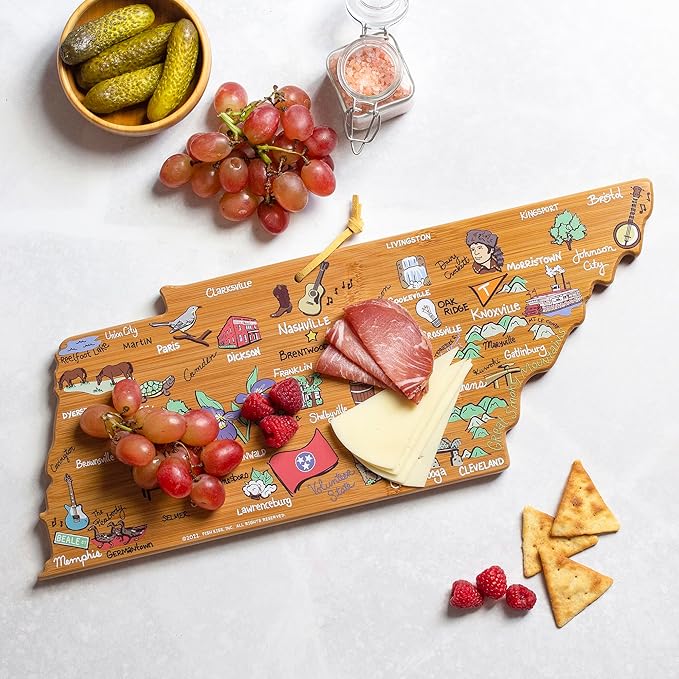 Totally Bamboo Tennessee State Shaped Cutting Board and Charcuterie Serving Platter with Artwork by Fish Kiss, Includes Hang Tie for Wall Display