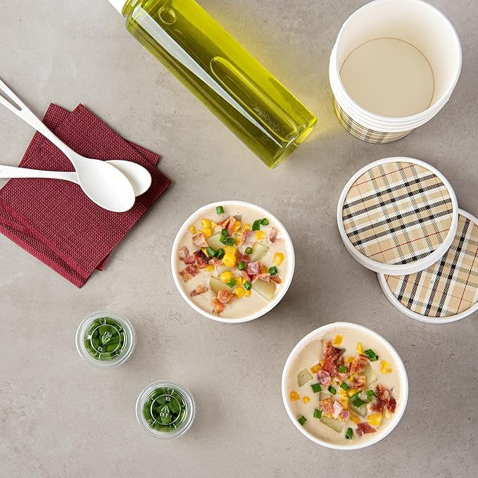 Restaurantware Bio Tek 12 Ounce Soup Containers 200 Durable Soup Bowls - Disposable Sustainable Plaid Print Paper Soup Cups Round For Hot Or Cold Foods