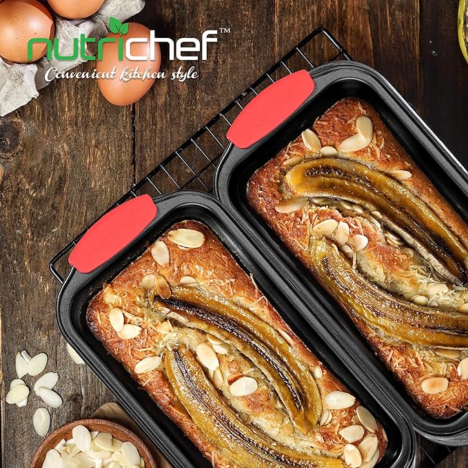 NutriChef Non-Stick Bread Loaf Pan - Premium Carbon Steel Banana Bread Pan w/Silicone Handles - PFOA, PFOS, PTFE-Free Quick-Release Nonstick Coating, Even Heat Distribution - Black, 8-Inch