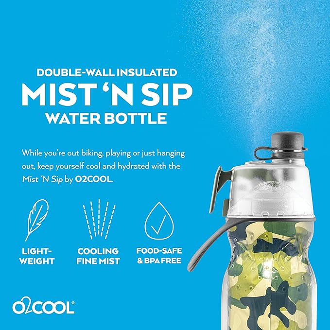 O2COOL Mist 'N Sip Misting Water Bottle 2-in-1 Mist And Sip Function With No Leak Pull Top Spout Reusable Sports Water Bottle - 20 oz (Green Camo)