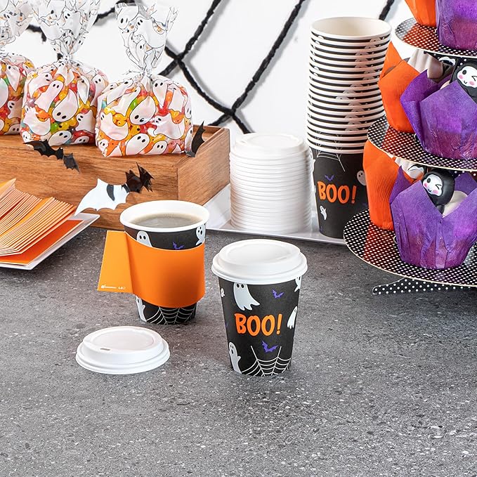 Restaurantware-Restpresso 12 Ounce Halloween Party Cups, 20 Disposable Hot Cups With Plastic Lids - Spooky Ghost Design, Rolled Rim, Black Paper Coffee Cups, Single Wall, Serve Hot And Cold Drinks