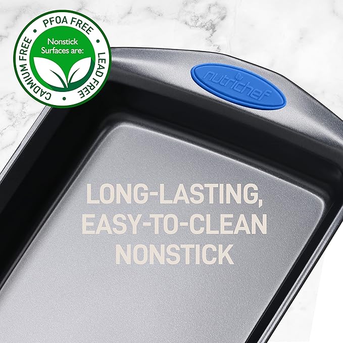 NutriChef 2-Piece Baking Pan Set - Premium Non-Stick Coating Carbon Steel Bakeware w/ Silicone Handles - PFOA, PFOS, PTFE Free Kitchen Oven Bake Tray, Cookie Sheets - Dark Gray, 17.3"x11.4"x1.2"