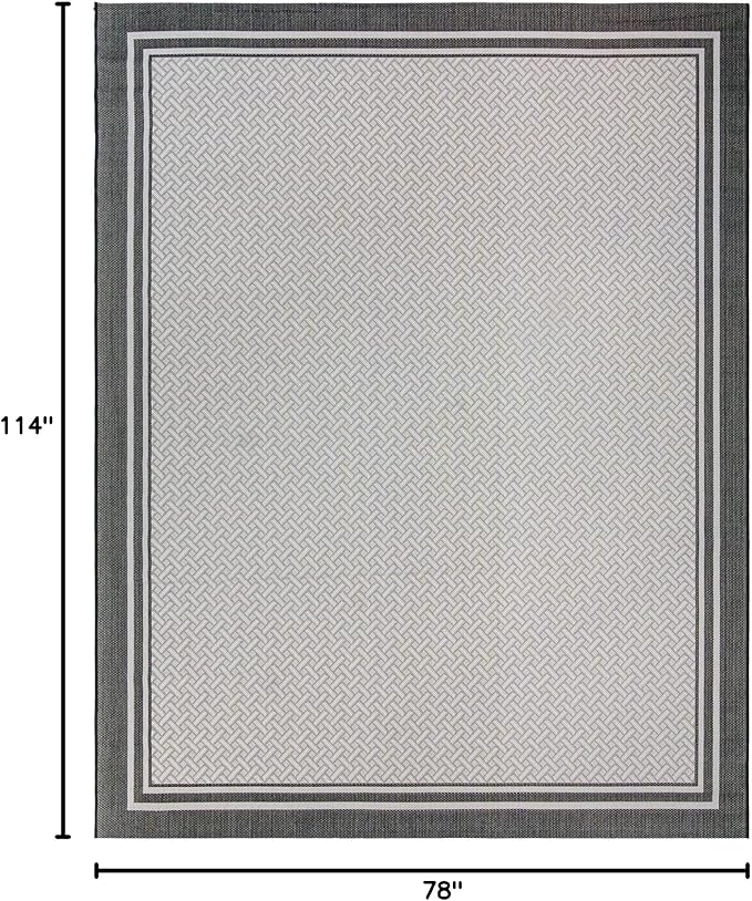 Gertmenian Indoor/Outdoor Flatweave Area Rug - 8x10 Large, Stain & UV Resistant, Ideal For Deck, Patio, Poolside, Mudroom - Border, White & Black, 23018