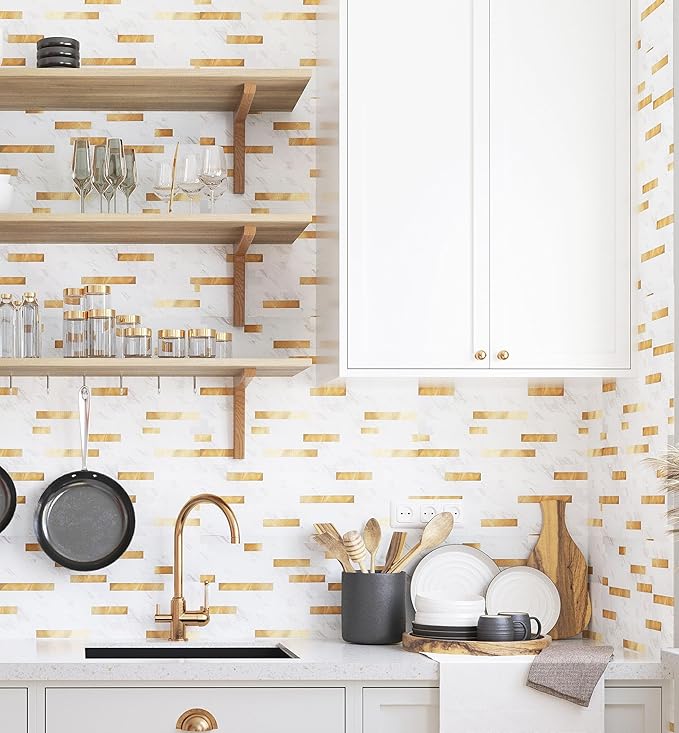 Yipscazo 10 Sheets Peel and Stick Stone Metal Tile Backsplash, Stick on Tiles for Backsplash Kitchen, Bathroom, Laundry Room, Camper, Fireplace (12'' X 12'', White Stone with Gold)