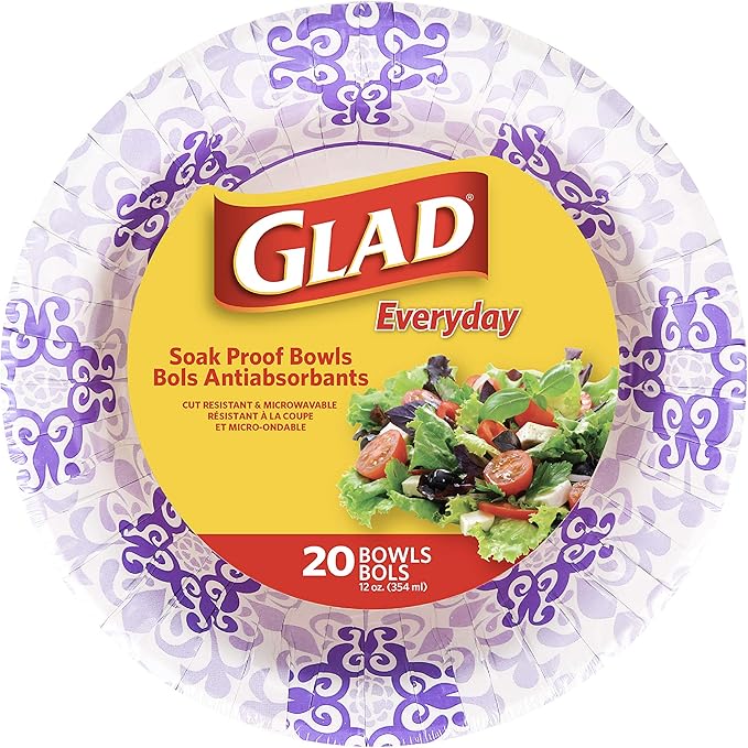Glad Round Disposable Paper Bowls, Purple Victorian Design - Heavy Duty, Soak-Proof, Cut-Resistant, Microwavable Paper Bowls for All Foods and Daily Use, 12 oz, 20 Count
