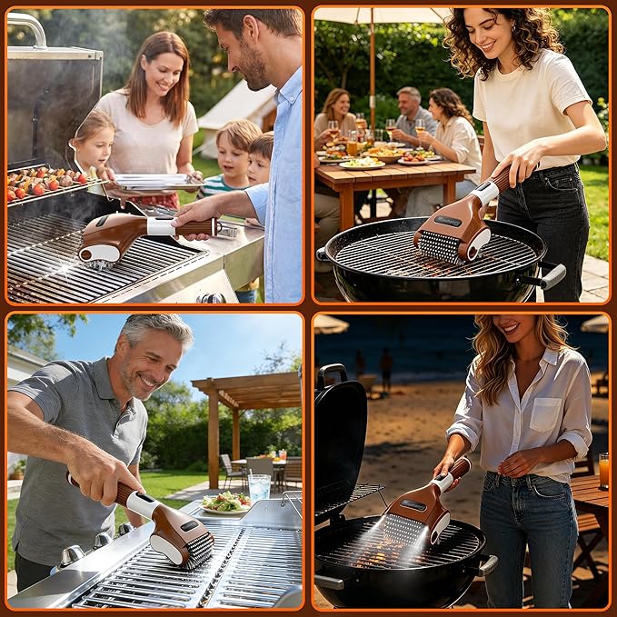 Electric Grill Brush - 4000mAh Cordless BBQ Grill Cleaner 2 Speed - 800RPM Bristle Free BBQ Grill Cleaner Tool Rechargeable with Scraper/LED Light/LED Display for Outdoor/Camping (Brown)