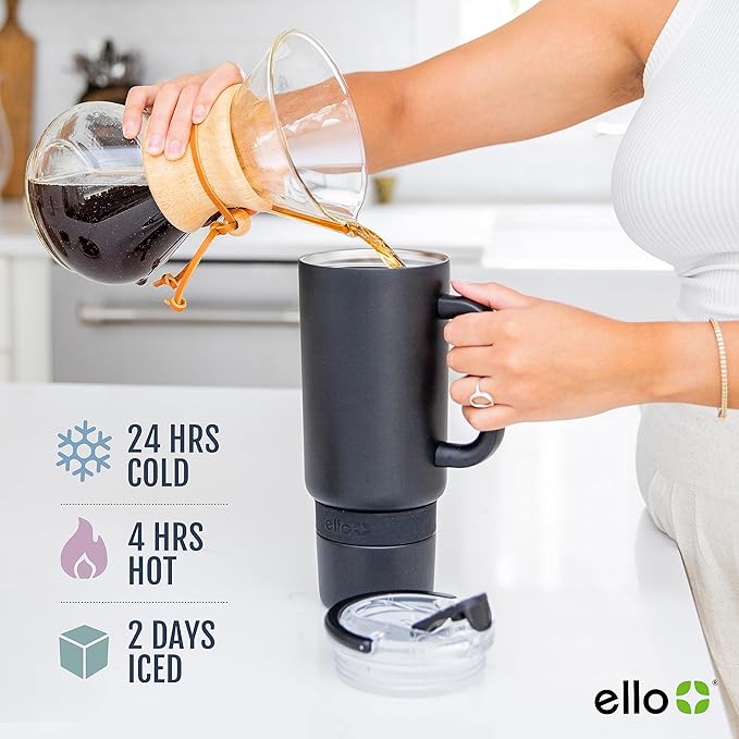 Ello Port 40oz Tumbler with Carry Loop & Integrated Handle, Vacuum Insulated Stainless Steel Reusable Water Bottle, Travel Mug with Leak Proof Lid and Straw, Perfect for Iced Coffee and Tea, Black